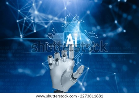 The concept of using AI or artificial intelligence to control and operate the world. Robot hand touching finger on AI icon. Robotic arm programmable 3D design.