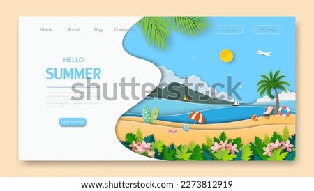 Summer landing page on paper cut and craft style,vector illustration