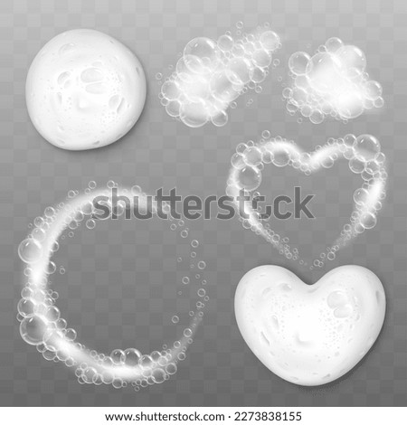 Realistic shampoo foam, cleanser foaming white texture with soap bubbles. Liquid bath cream, foams wash splashes. Foamed pithy vector elements Royalty-Free Stock Photo #2273838155