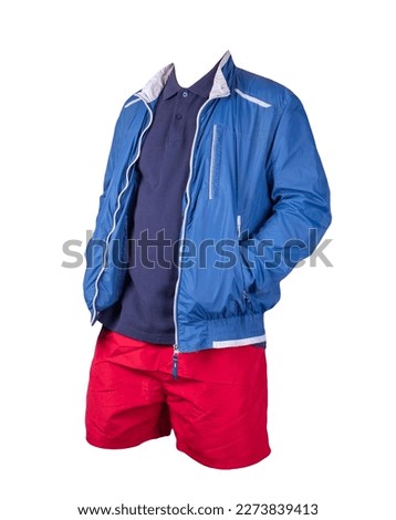 men's blue white jacket windbreaker,dark blue  shirt and red sports shorts isolated on white background. fashionable casual wear