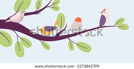 Flat birds on tree branch, bird and worm. Spring blooming, cute cartoon insects. Decorative nature banner, vector seasonal graphic