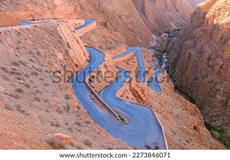 Aerial view of the famous Dades Georges valley, and a traditional Tisdrine Pass winding road among the Atlas mountains peak, in Morocco Royalty-Free Stock Photo #2273846071