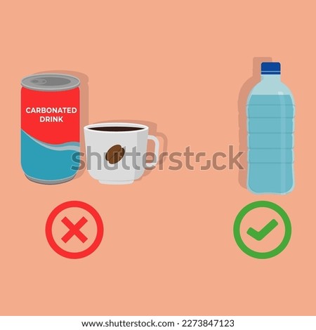 illustration of drinking mineral water is better than carbonated drinks and coffee , bottled mineral water versus canned carbonated drinks and coffee or unhealthy drinks ,flat design vector