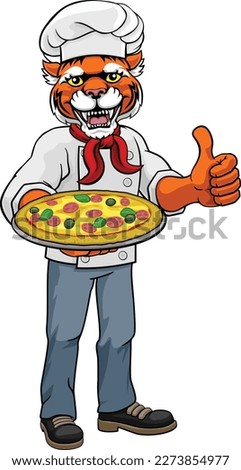 A tiger chef mascot cartoon character holding a pizza and giving a thumbs up