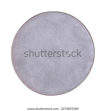 Gray round ceramic plate isolated on white background. Plate with stone texture. Empty plate, top view.