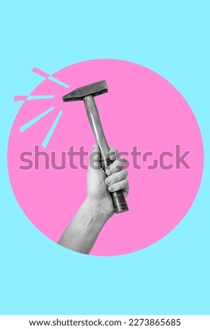 Digital collage with a male hand holding a hammer. The concept of working as a carpenter.