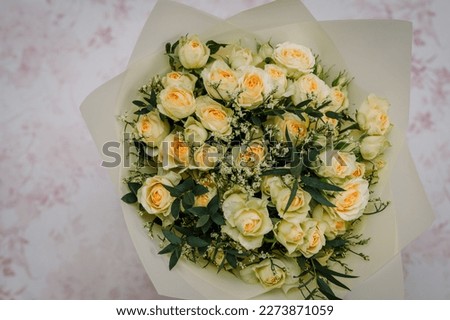 Bunch of flowers. Bouquet closeup. Decoration made of roses, peonies and decorative plants, close-up, selective focus, nobody, objects