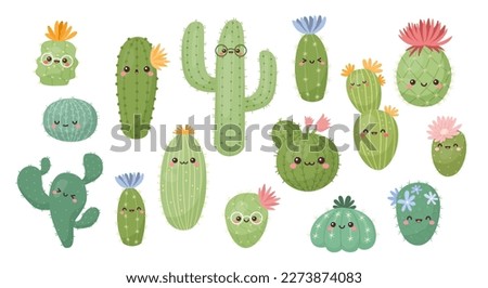 Cute cactus characters, succulent faces. Happy cacti plants, kawaii thorns and pots, summer garden. Hand drawn houseplants with smiles. Bright decorative flowers vector isolated illustration Royalty-Free Stock Photo #2273874083