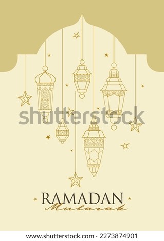 Vector premade Ramadan Mubarak card. A4 page size. Vintage banner for your Ramadan wishing. Outline Arabic lanterns. Decor in Eastern style. Islamic Holidays background. Muslim feast of Ramadan month.