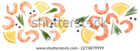 Red cooked prawn or shrimp with rosemary, lemon and peppercorn isolated on white background. Top view. Flat lay Royalty-Free Stock Photo #2273879999