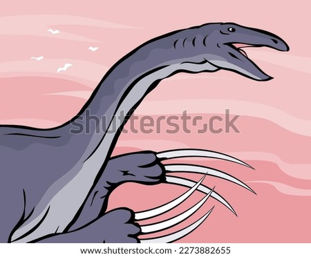 Ancient lizard therizinosaurus. Long claws on paws. Herbivorous dinosaur of the Jurassic period. Prehistoric animal and paleontology. Vector cartoon art illustration