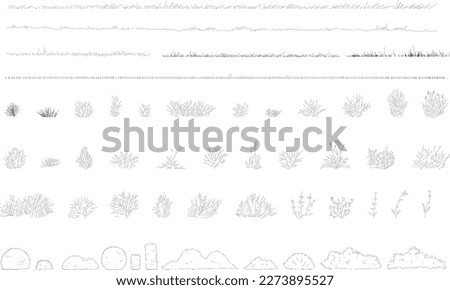 set of grass line cad, minimal isolated on white background. Ground cover. Illustration for  elevation architectural element, side view, grass section. Turf coating banners for edging.