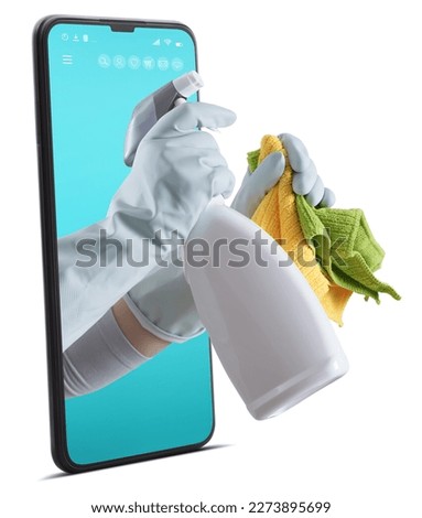 Cleaning service and solutions. Hands with gloves, rags and spray bottle emerge from the smartphone, search cleaning company on site online for a quote and support. Shopping cleaning products online. Royalty-Free Stock Photo #2273895699