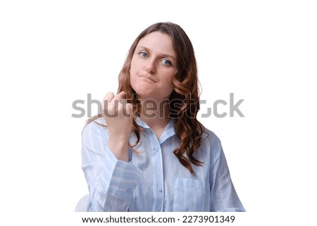 Portrait of an adult woman in a blue shirt, isolated on a white background