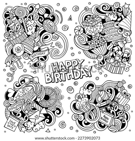 Birthday cartoon vector doodle designs set. Sketchy detailed compositions with lot of holiday objects and symbols.
