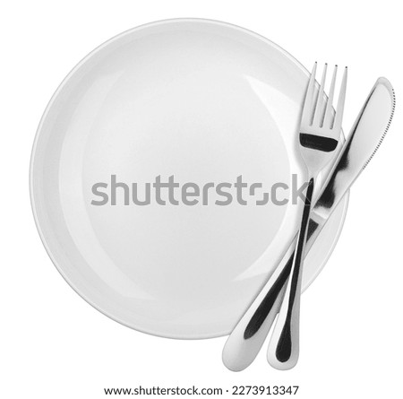 Empty plate, Spoon, fork, knife, clipping path, white background, isolated, top view Royalty-Free Stock Photo #2273913347