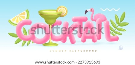 Summer cocktail disco party typography poster with 3D plastic text, cocktail, tropic leaves and flamingo. Vector illustration