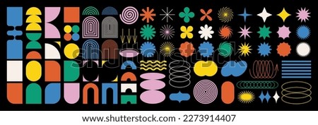 Brutalist abstract geometric shapes and grids. Brutal contemporary figure star oval spiral flower and other primitive elements. Swiss design aesthetic. Bauhaus memphis design. Royalty-Free Stock Photo #2273914407