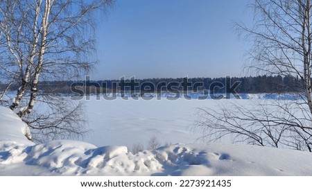 Winter landscape with trees on a cliff and view from height of frozen river or field with snow on cold sunny day with blue sky Royalty-Free Stock Photo #2273921435