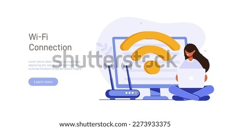 Concept of mobile network, wireless Internet connection technology. Wifi illustration. People use device to connect Internet network Modern colorful flat vector illustration for poster, banner.