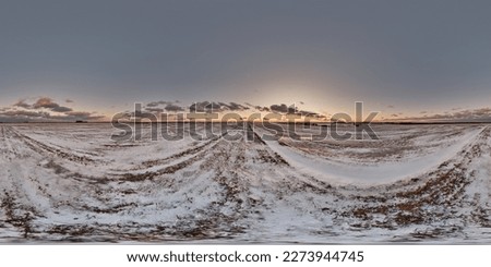 evening 360 hdri panorama on farming field with snow and dark blue sky with in equirectangular spherical seamless projection, use as sky replacement in drone panoramas, game development as sky dome