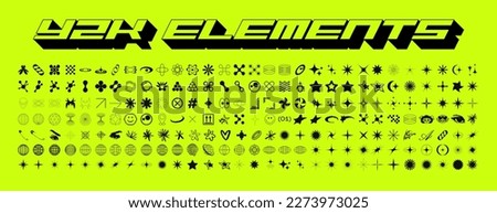 Retro futuristic y2k elements for design. Big collection of abstract graphic geometric symbols and objects in y2k style. Templates for notes, posters, banners, stickers, business cards, logo