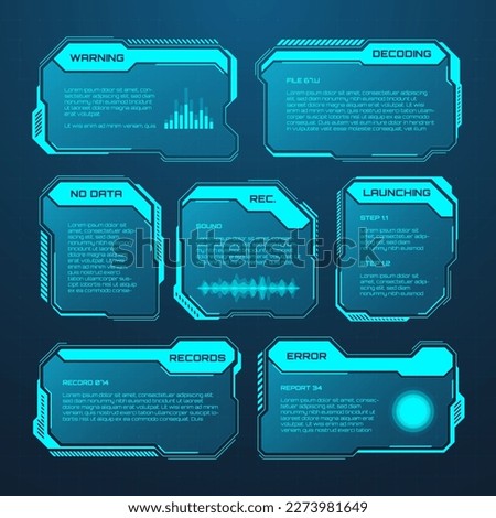 Blue futuristic HUD or UI elements. Sci-fi user interface text boxes, callouts. Warning message frames, information boxes template. Modern game interface layout in digital style. Vector illustration