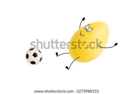 Funny Easter egg with cute face playing football isolated on white background. Cute yellow egg character jumping to hit soccer ball. Sports, training and healthy lifestyle. Protein and nutrition