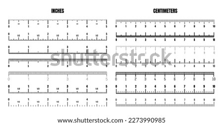 Realistic black centimeter and inch scale for measuring length or height. Various measurement scales with divisions. Ruler, tape measure marks, size indicators. Vector illustration