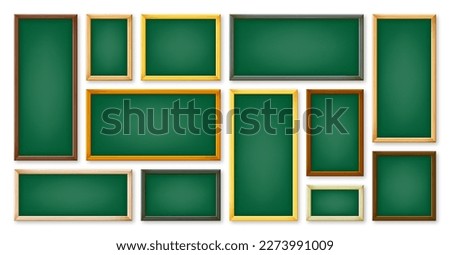 Realistic various chalkboards in a wooden frame. Green restaurant menu board. School blackboard, writing surface for text or drawing. Blank advertising or presentation boards. Vector illustration