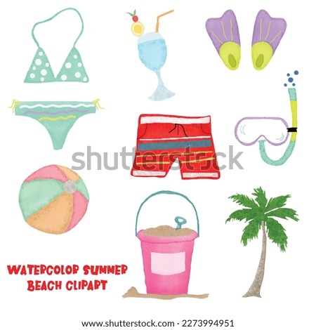 Summer Beach Clipart, Watercolor Beach Clipart, Summer essentials, Beach Fashion Clip art, Tropical Summer, Vacation, Holiday, PNG, Cocktail