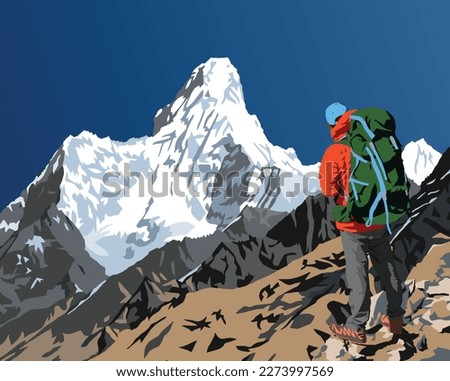 Mount Ama Dablam with hiker, mountain vector illustration