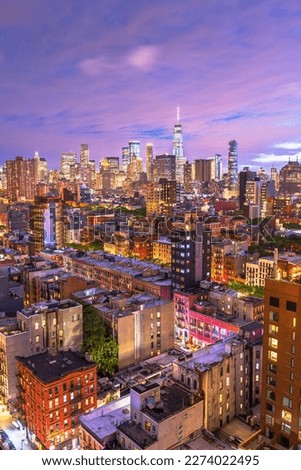 New York, New York, USA Lower Manhattan city skyline rooftop view at dusk.