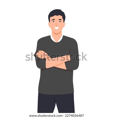 Man standing with confidence. Cartoon young man with his arms crossed. Smart people, professionals, successful people.  Flat vector illustration isolated on white background