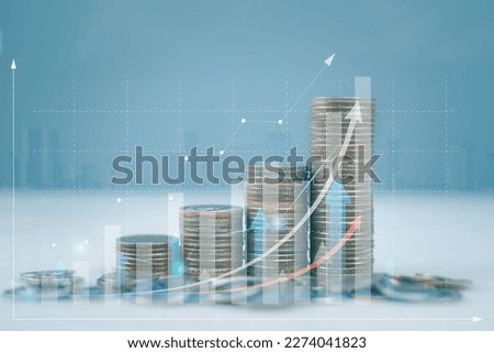 Double exposure close up of a row of coins for finance and banking concepts stocks mutual funds gold coin finance investment diagram Savings for growing business city background with coins is popular