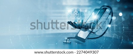 Doctor online, Professional doctor giving consultation online on global network, Connect communication with patient, Virtual medical consultation on interface, Healthcare and medical technology.