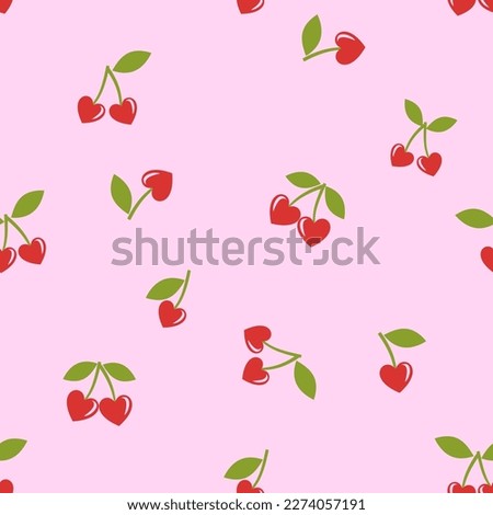 Seamless pattern with heart shaped cherry with green leaves on pink background vector illustration. Cute fruit print. Royalty-Free Stock Photo #2274057191