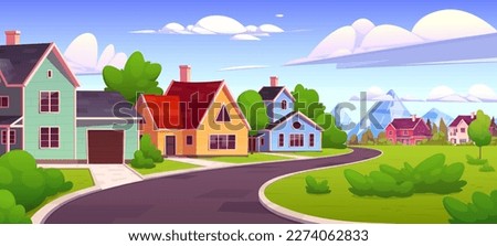Suburban town street against mountain background. Vector cartoon illustration of asphalt road, cozy houses and garages, green grass and trees, blue sky on sunny day. Urban residential neighborhood Royalty-Free Stock Photo #2274062833