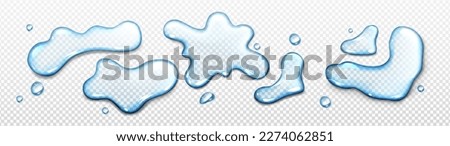 Realistic water spill top view vector transparent background. Wet surface with clean isolated splash droplet. Blue ripple set texture of fresh spilt drink. Pouring aqua clipart illustration.