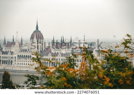 Panorama with building of Hungarian parliament at Danube river in Budapest city, Hungary.