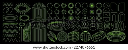 Geometry wireframe shapes and grids in neon acid color. 3D hearts, abstract backgrounds, patterns, cyberpunk elements in trendy psychedelic rave style. 00s Y2k retro futuristic aesthetic.