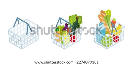 Shopping basket set - empty and filled up with grocery
