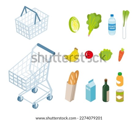 Empty shopping cart and basket, isolated grocery item set