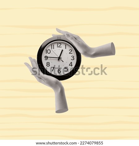 Contemporary collage of hands holding clock. The concept of time for different cases. Modern design. Copy space for ad.
