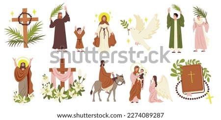 Easter flat icons set with Jesus Christ and Virgin Mary characters isolated vector illustration Royalty-Free Stock Photo #2274089287