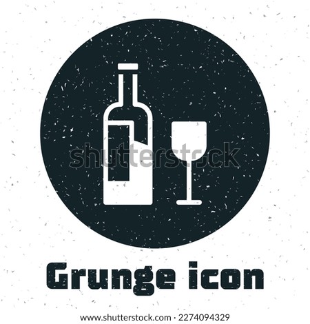 Grunge Wine bottle with glass icon isolated on white background. Monochrome vintage drawing. Vector
