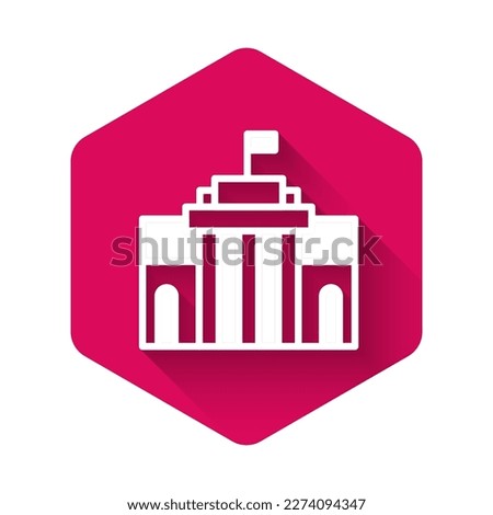 White Prado museum icon isolated with long shadow. Madrid, Spain. Pink hexagon button. Vector