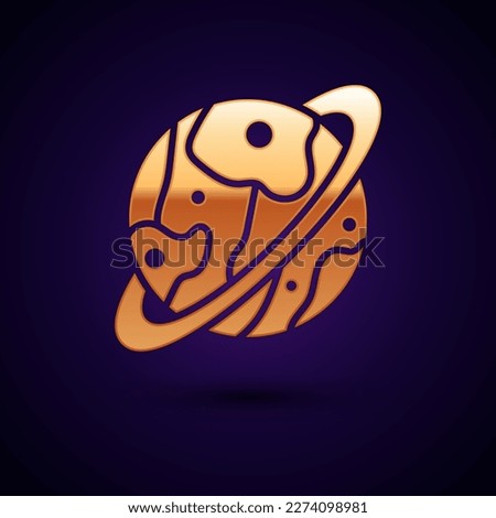 Gold Planet Saturn with planetary ring system icon isolated on black background.  Vector Illustration
