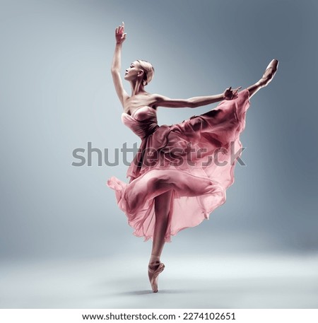 Ballerina in Pink Chiffon Dress jumping Split. Ballet Dancer in Silk Gown Pointe Shoes. Graceful Woman in Tutu Skirt dancing over Gray Background