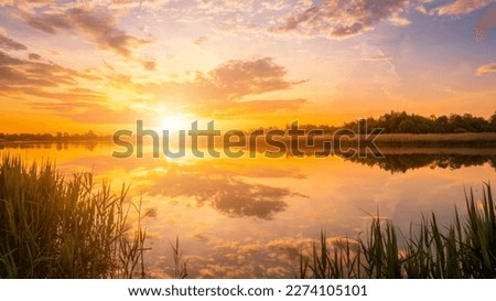 Scenic view of beautiful sunset or sunrise above the pond or lake at spring or early summer evening with cloudy sky background and reed grass at foreground. Landscape. Water reflection. Royalty-Free Stock Photo #2274105101